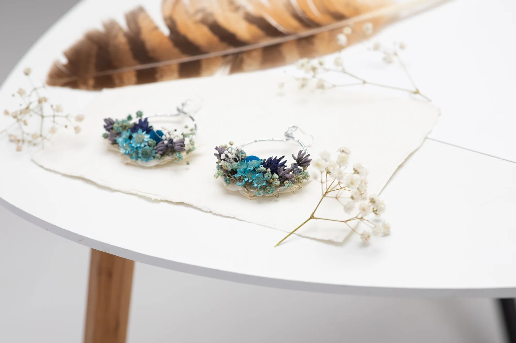Dried blue circle dangle earrings