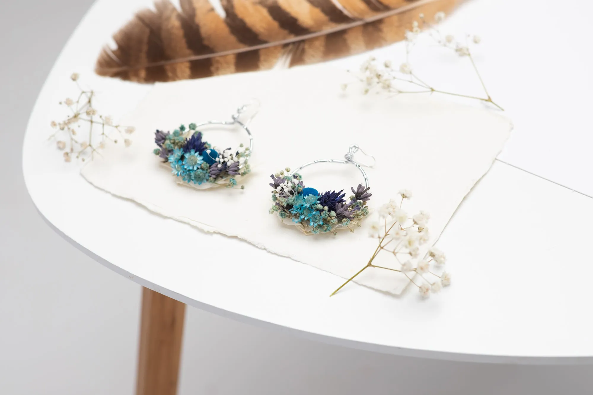 Dried blue circle dangle earrings
