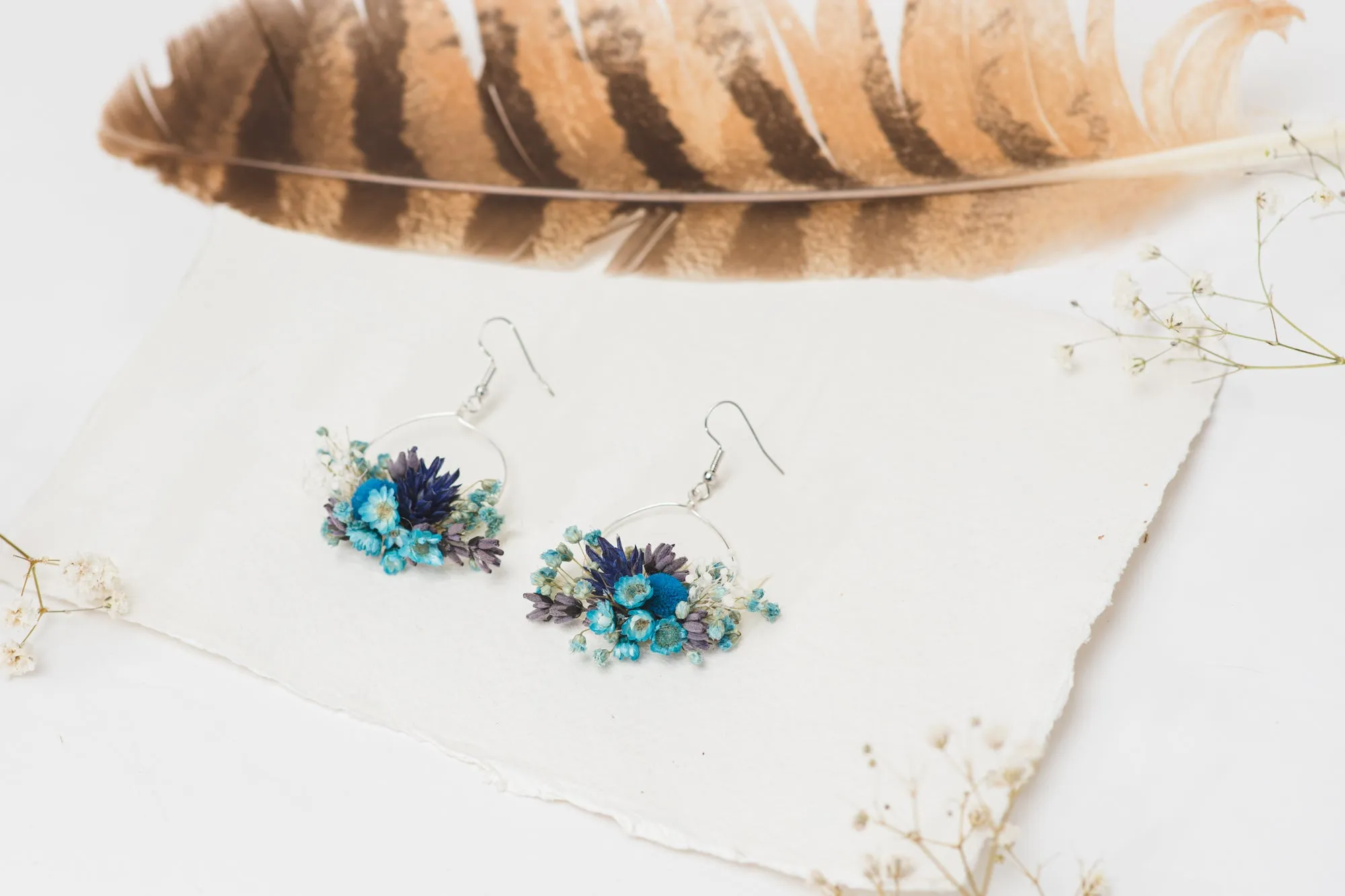 Dried blue circle dangle earrings