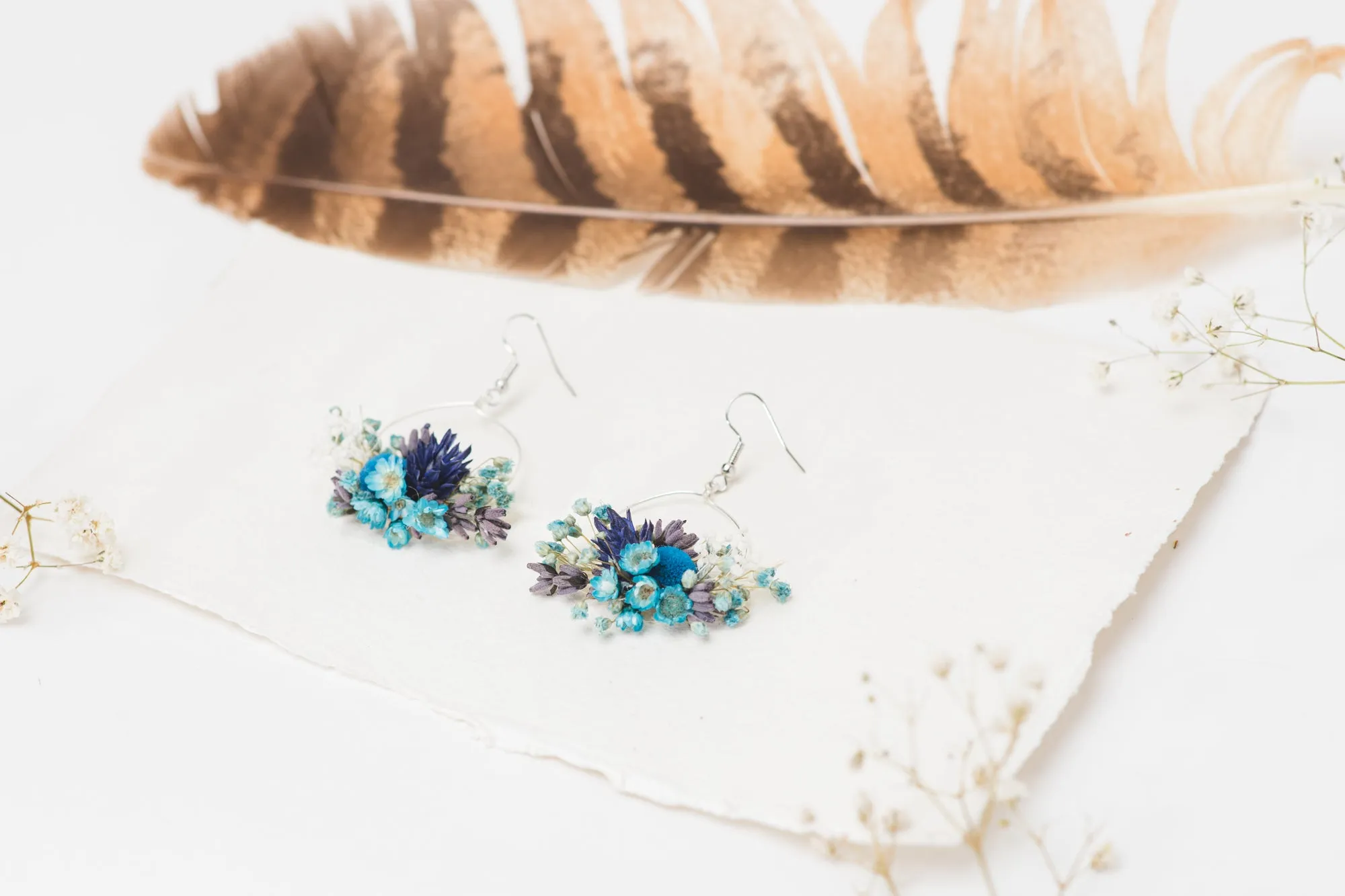 Dried blue circle dangle earrings