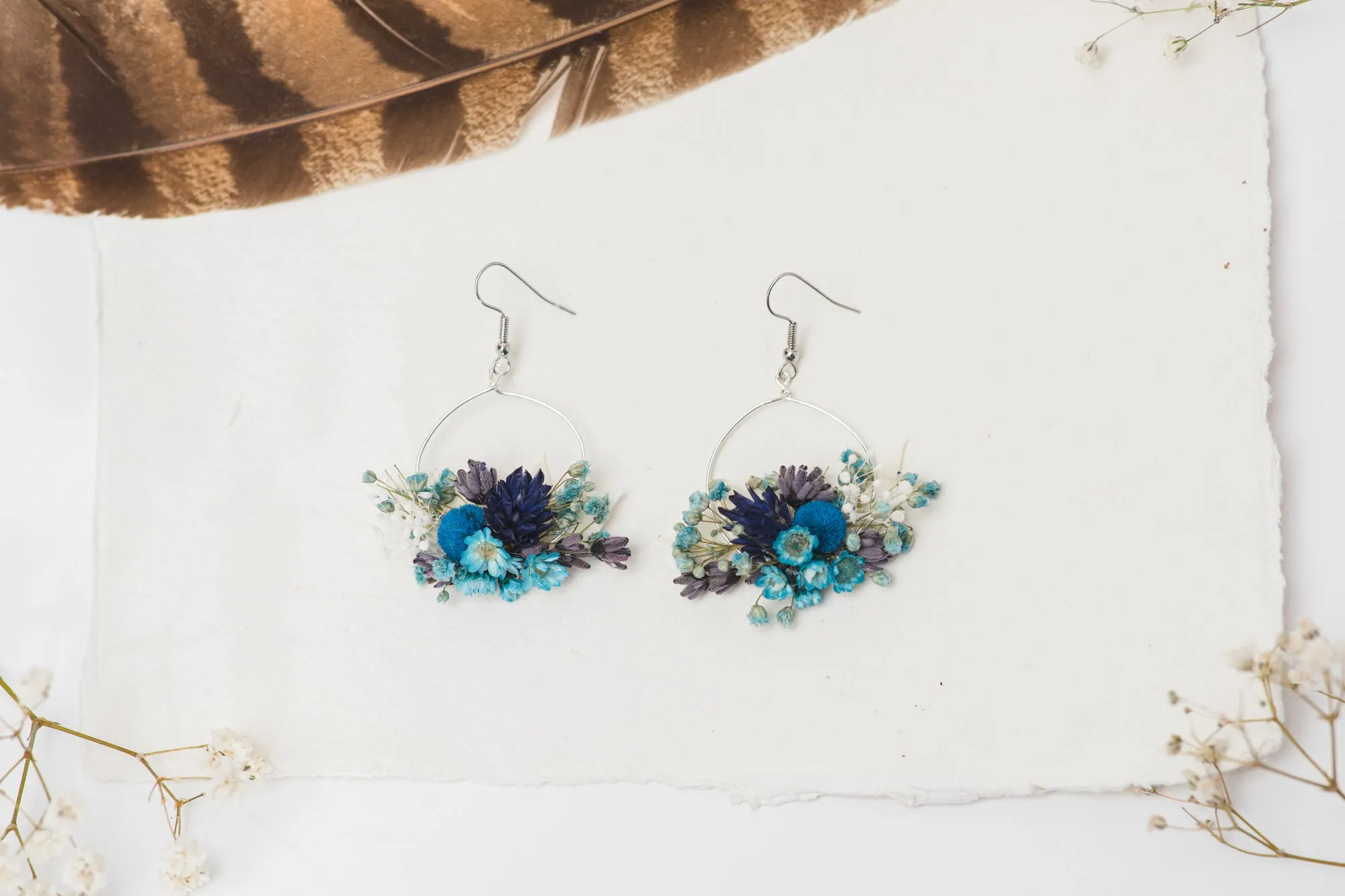 Dried blue circle dangle earrings