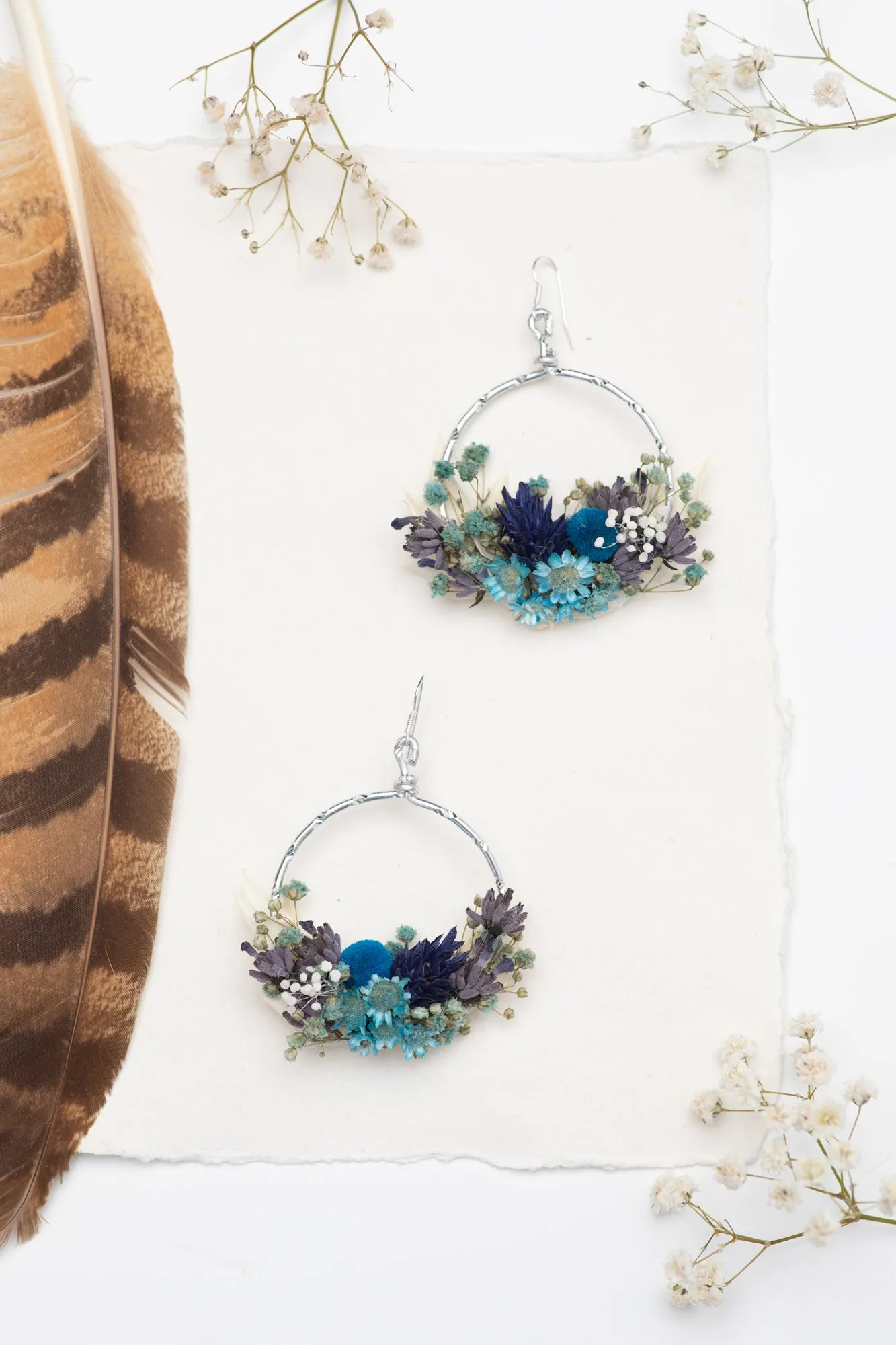 Dried blue circle dangle earrings