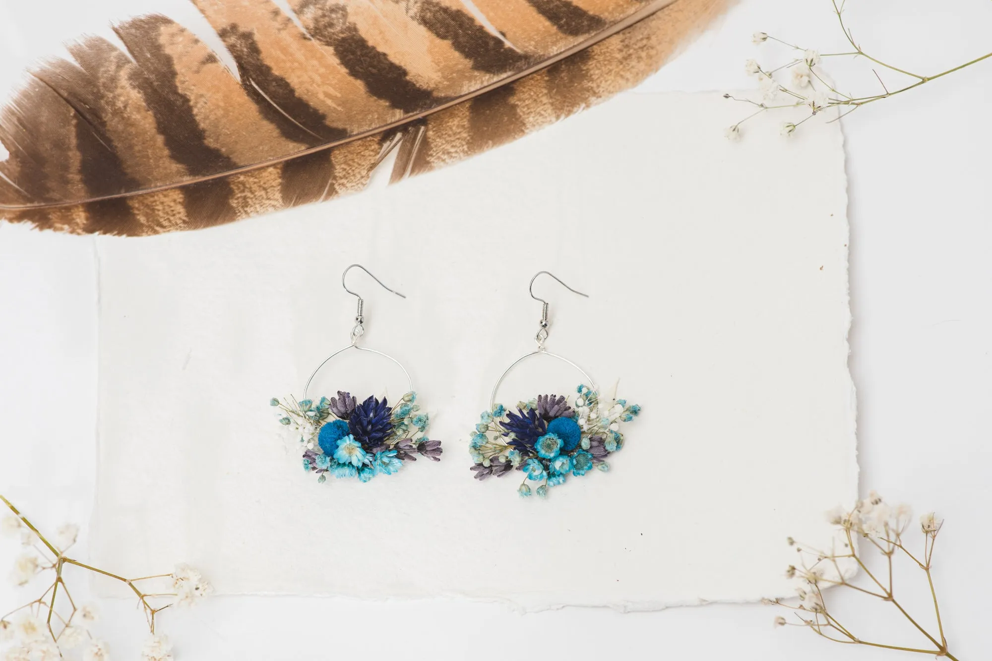 Dried blue circle dangle earrings