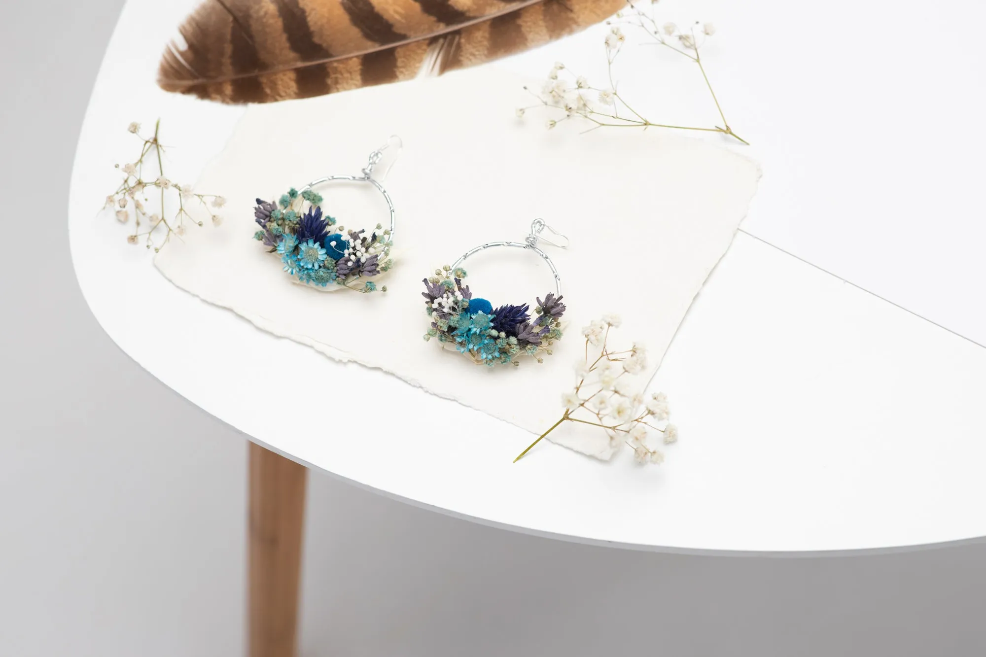 Dried blue circle dangle earrings