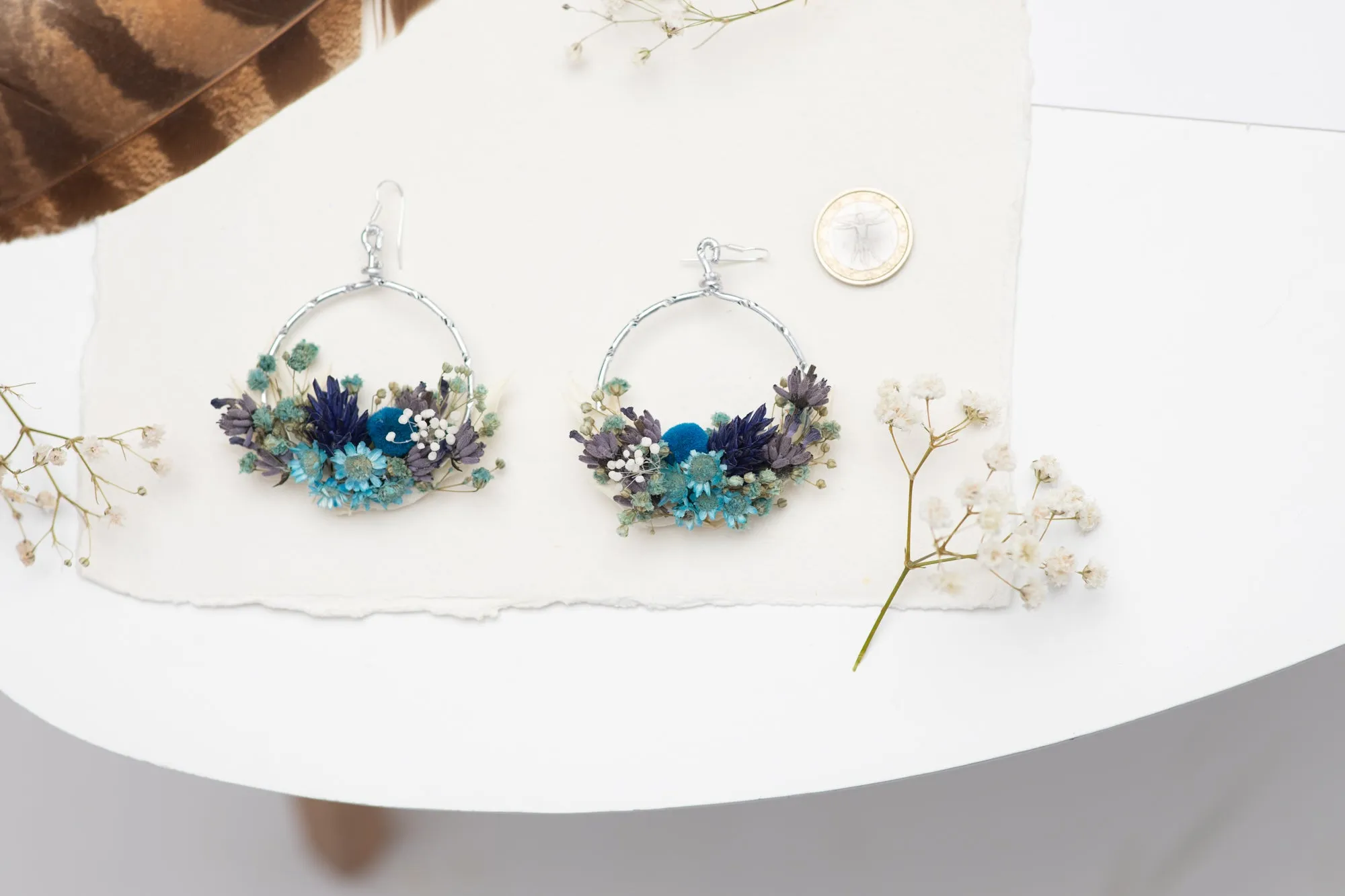 Dried blue circle dangle earrings