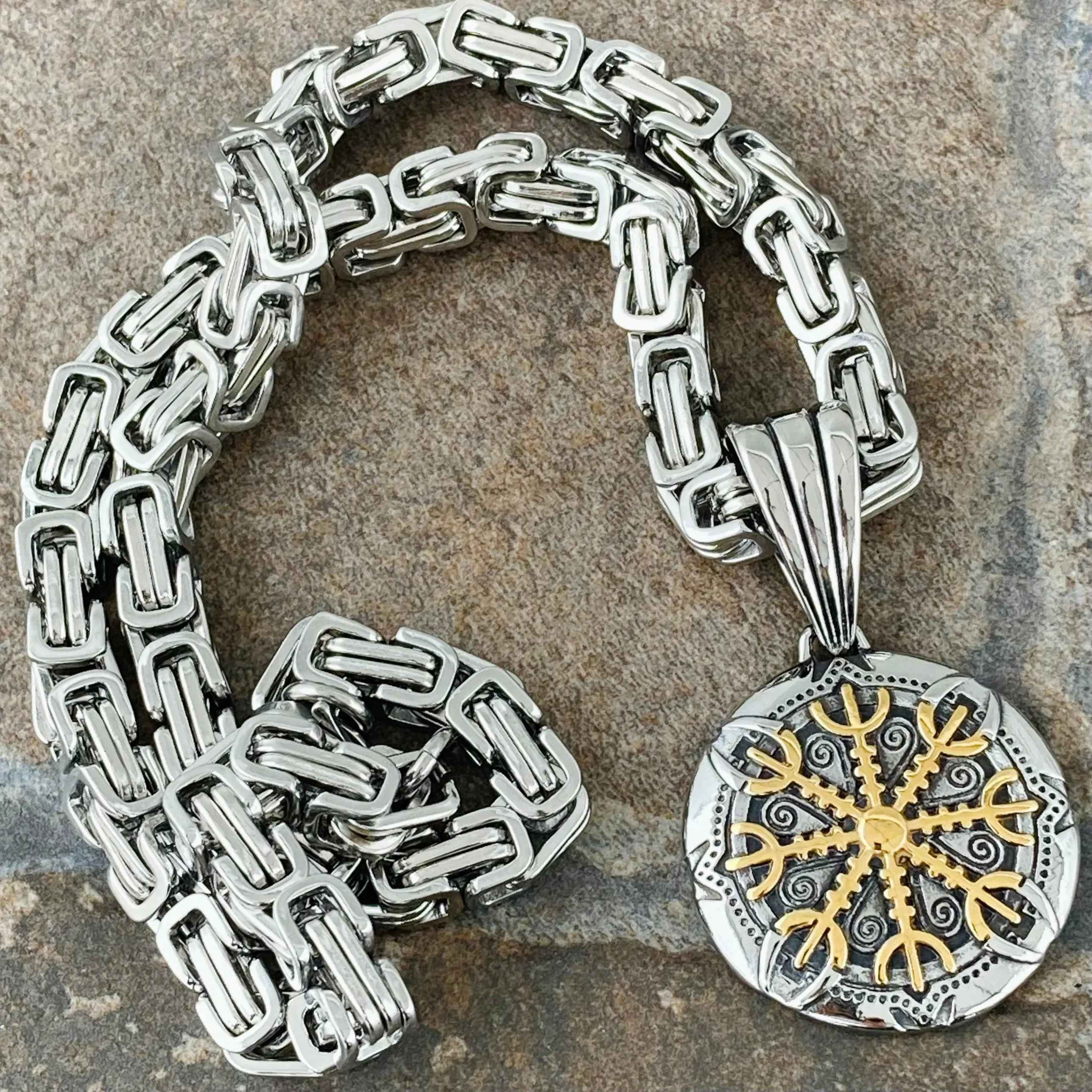 Viking - Helm of Awe Gold & Silver Pendant - Necklace (793)